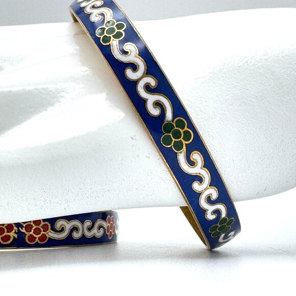 Cloisonne Enamel Brass Blue Red Green Black Vtg Set of 3 Bangle Bracelet  7.5 - Picture 8 of 16
